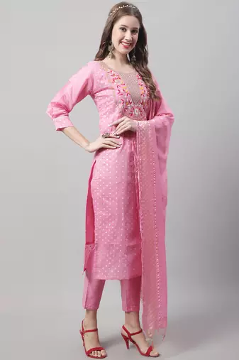 Pink embroidered chanderi modal salwar suit