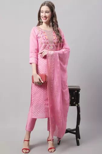 Pink embroidered chanderi modal salwar suit