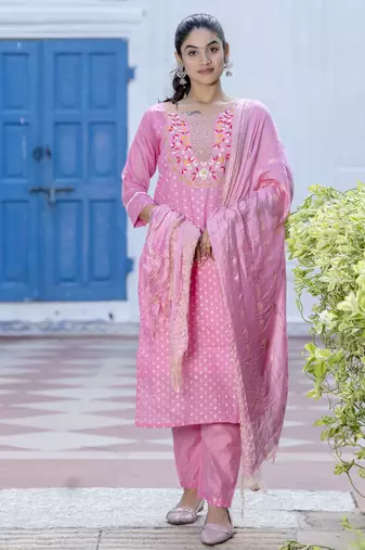 Pink embroidered chanderi modal salwar suit