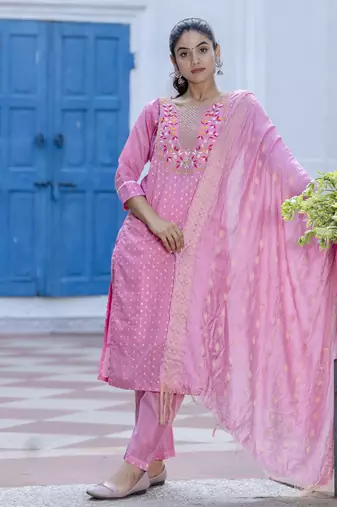 Pink embroidered chanderi modal salwar suit