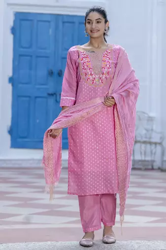 Pink embroidered chanderi modal salwar suit