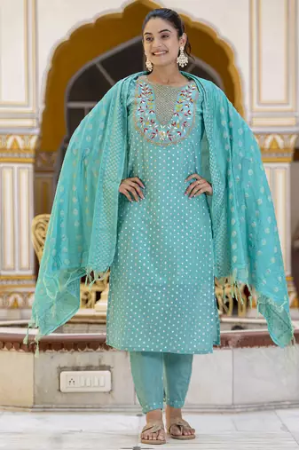 Blue embroidered chanderi modal salwar suit