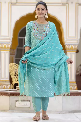 Blue embroidered chanderi modal salwar suit