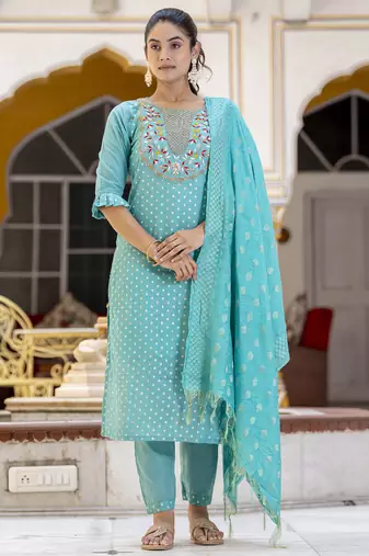 Blue embroidered chanderi modal salwar suit