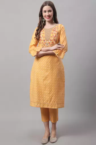 Yellow embroidered chanderi modal salwar suit