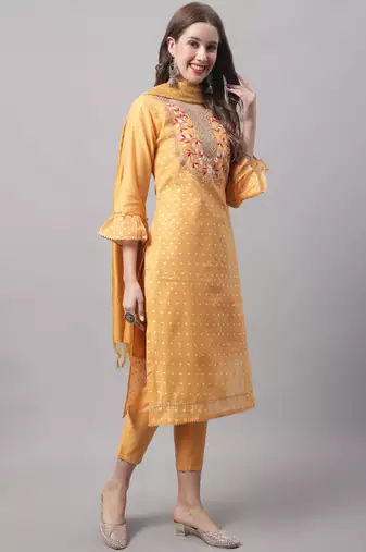 Yellow embroidered chanderi modal salwar suit