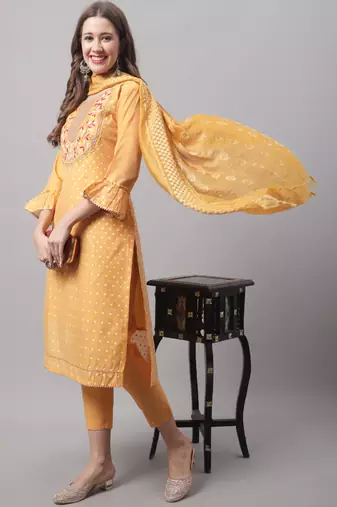 Yellow embroidered chanderi modal salwar suit