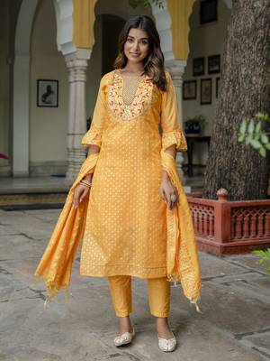 Yellow embroidered chanderi modal salwar suit 2