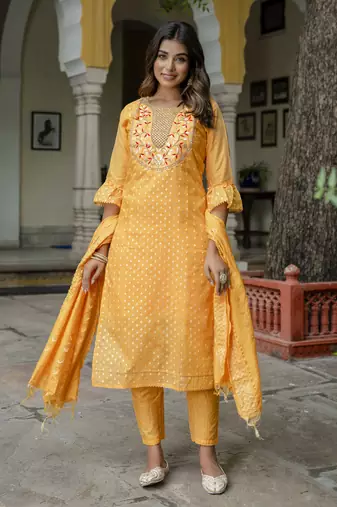 Yellow embroidered chanderi modal salwar suit