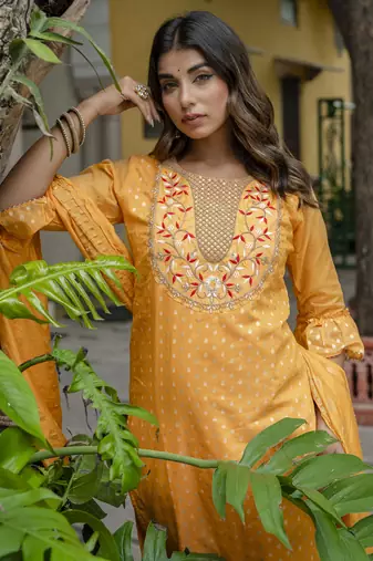 Yellow embroidered chanderi modal salwar suit