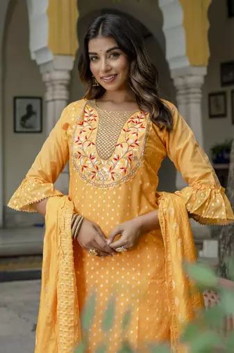 Yellow embroidered chanderi modal salwar suit