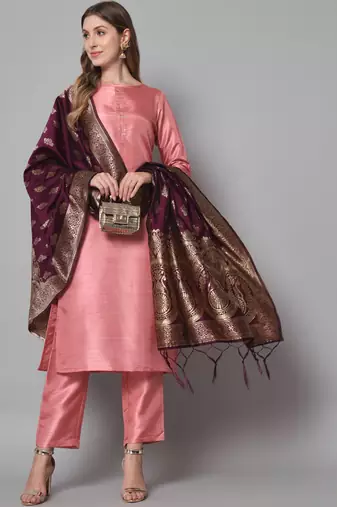 Pink embroidered cotton silk blend salwar suit