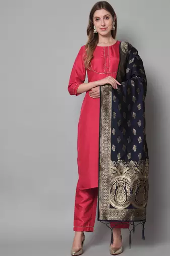 Red embroidered cotton silk blend salwar suit