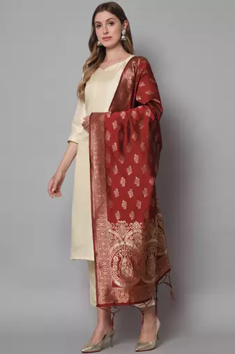 Cream embroidered cotton silk blend salwar suit