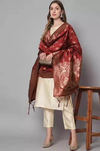 Cream embroidered cotton silk blend salwar suit
