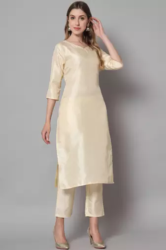 Cream embroidered cotton silk blend salwar suit