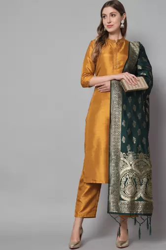 Mustard embroidered cotton silk blend salwar suit