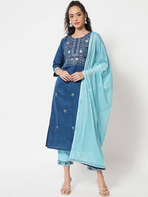 Blue embroidered cotton blend salwar suit 1