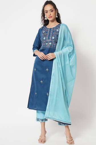 Blue embroidered cotton blend salwar suit