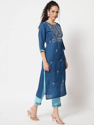 Blue embroidered cotton blend salwar suit 2