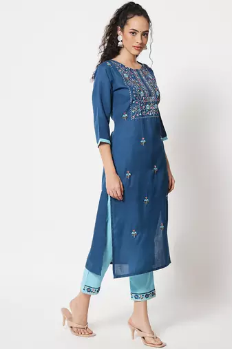 Blue embroidered cotton blend salwar suit