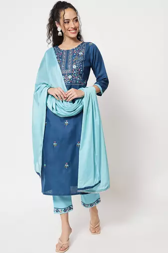 Blue embroidered cotton blend salwar suit