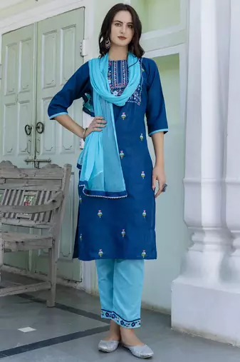 Blue embroidered cotton blend salwar suit