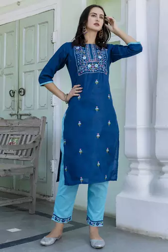 Blue embroidered cotton blend salwar suit