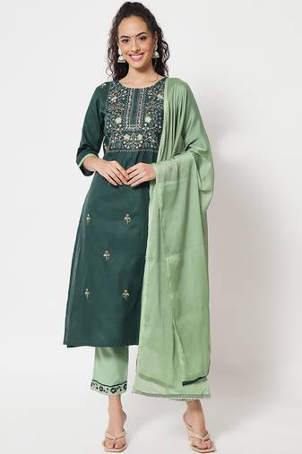 Green embroidered cotton blend salwar suit