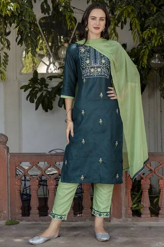 Green embroidered cotton blend salwar suit