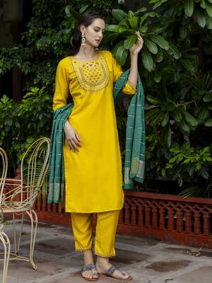 Yellow embroidered silk blend salwar suit 1