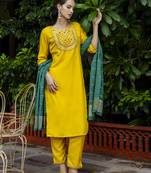 Yellow embroidered silk blend salwar suit