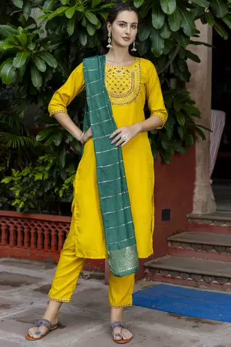 Yellow embroidered silk blend salwar suit