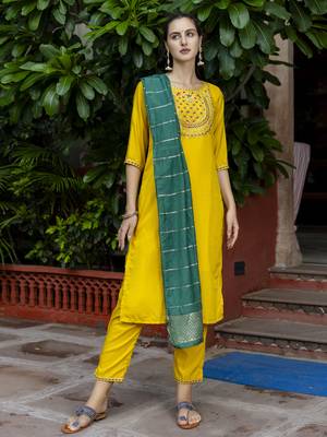 Yellow embroidered silk blend salwar suit 3