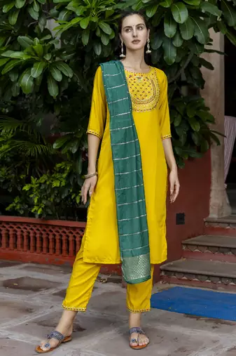 Yellow embroidered silk blend salwar suit
