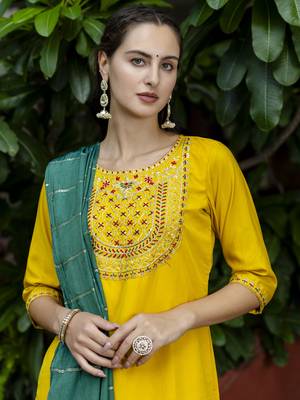 Yellow embroidered silk blend salwar suit 4