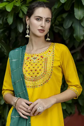 Yellow embroidered silk blend salwar suit