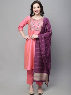 Peach embroidered cotton silk blend salwar suit 1