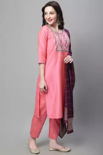 Peach embroidered cotton silk blend salwar suit
