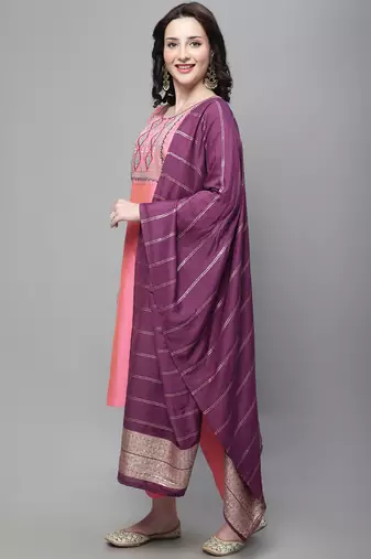 Peach embroidered cotton silk blend salwar suit