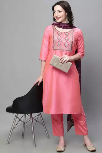 Peach embroidered cotton silk blend salwar suit