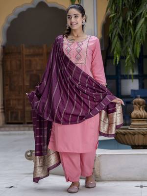 Peach embroidered cotton silk blend salwar suit 1