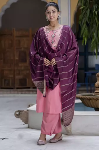 Peach embroidered cotton silk blend salwar suit