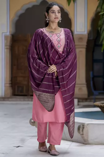 Peach embroidered cotton silk blend salwar suit