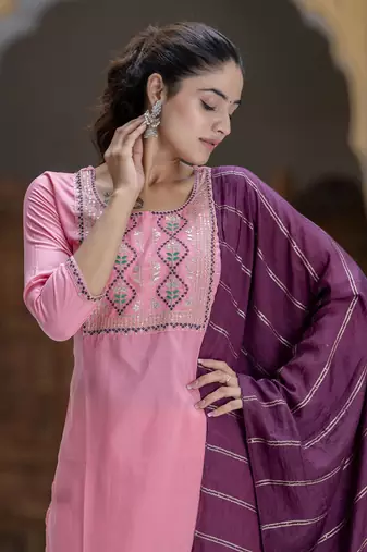Peach embroidered cotton silk blend salwar suit