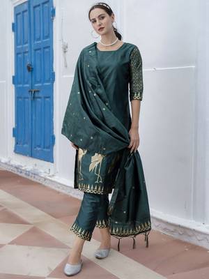 Green embroidered cotton silk jacquard salwar suit 2
