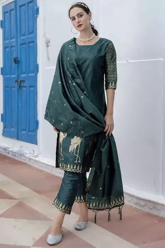 Green embroidered cotton silk jacquard salwar suit