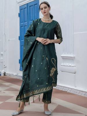 Green embroidered cotton silk jacquard salwar suit 4