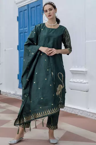 Green embroidered cotton silk jacquard salwar suit