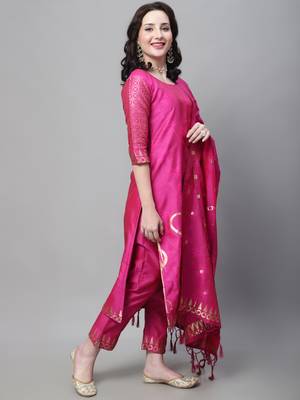 Pink embroidered cotton silk jacquard salwar suit 3